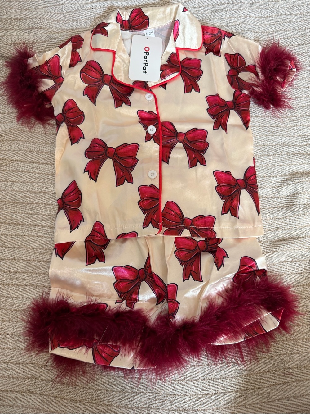 Parrot Girls Cream Satin Pajama Set with Red Bow Print and Burgundy Feather Trim